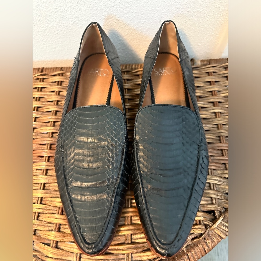 Sarto black snake skin loafers. Size 10.